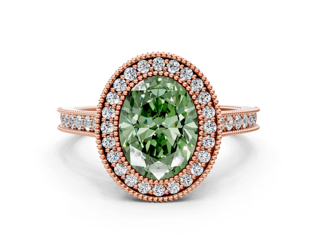 Rose gold Halo Fancy Green Oval -Cut Diamond Pave Band Milgrain Prong Setting Ring_55