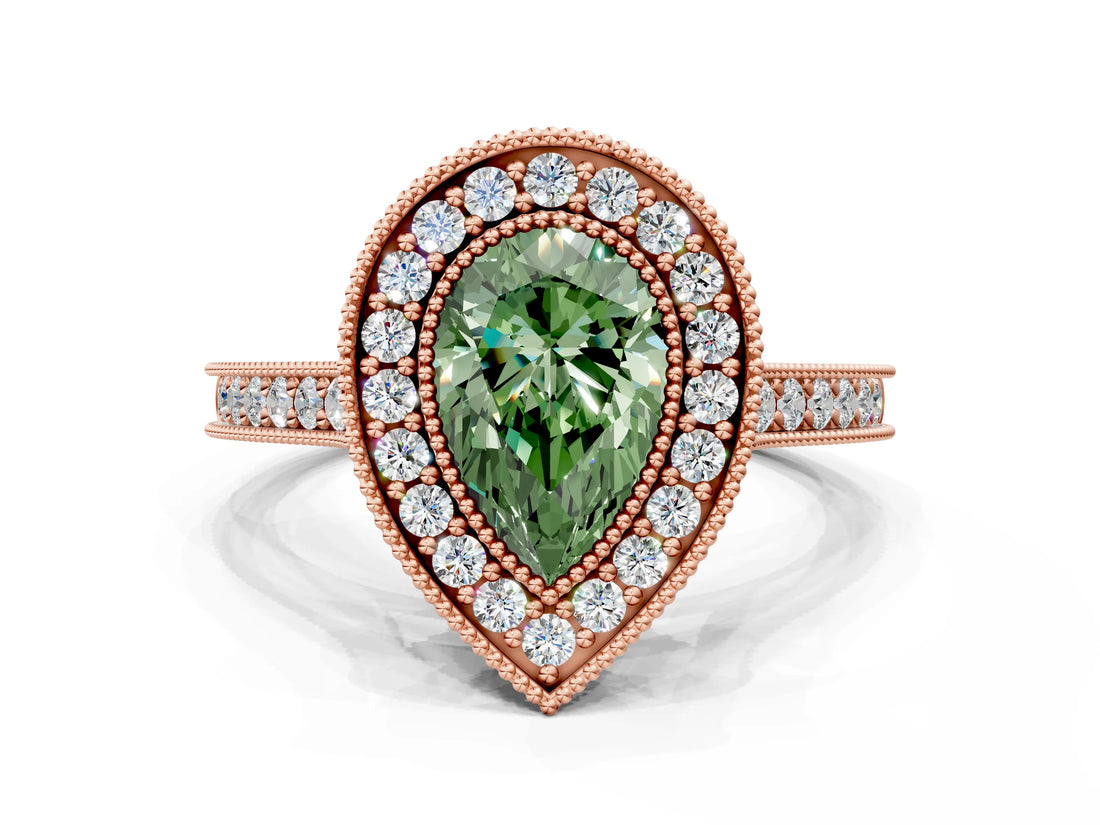 Rose gold Halo Fancy Green Pear -Cut Diamond Pave Band Milgrain Prong Setting Ring_55