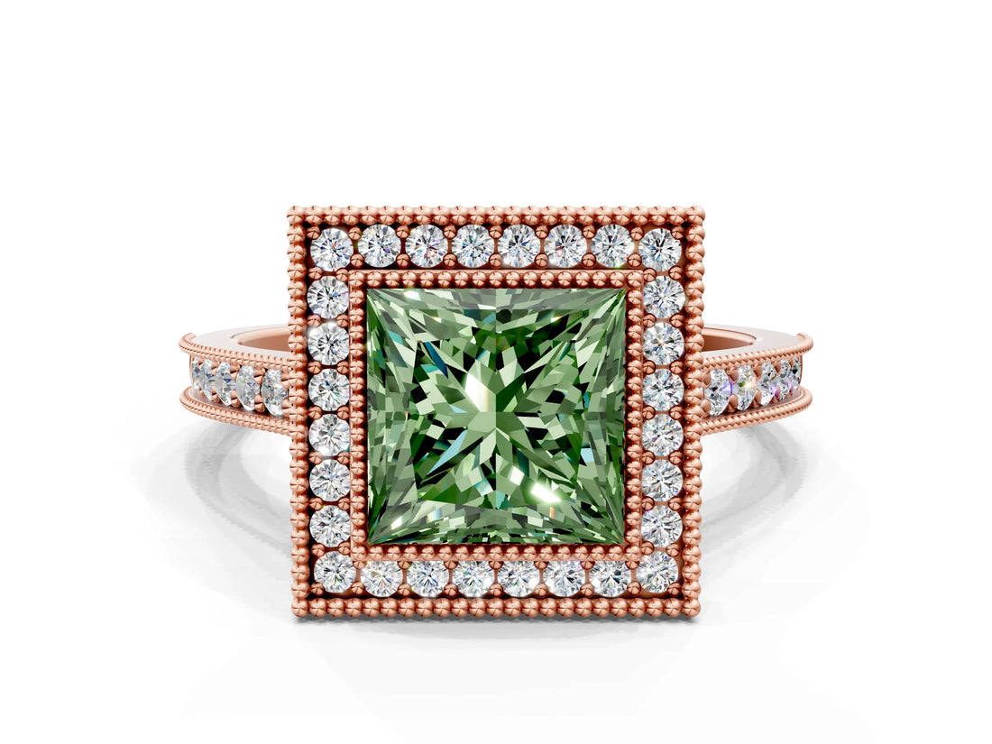 Rose gold Halo Fancy Green Princess -Cut Diamond Pave Band Milgrain Prong Setting Ring_35
