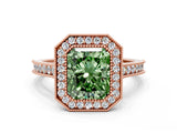 Rose gold Halo Fancy Green Radiant -Cut Diamond Pave Band Milgrain Prong Setting Ring_55
