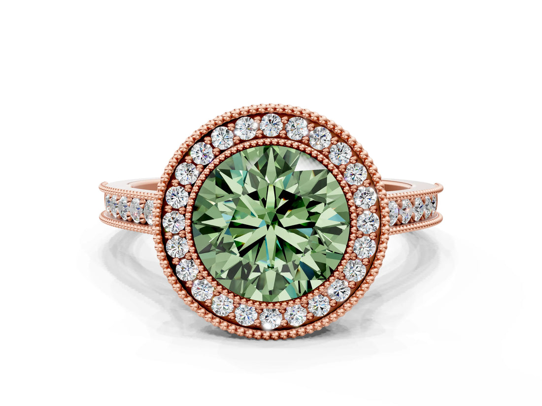 Rose gold Halo Fancy Green Round -Cut Diamond Pave Band Milgrain Prong Setting Ring_55