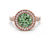 Rose gold Halo Fancy Green Round -Cut Diamond Pave Band Milgrain Prong Setting Ring_55