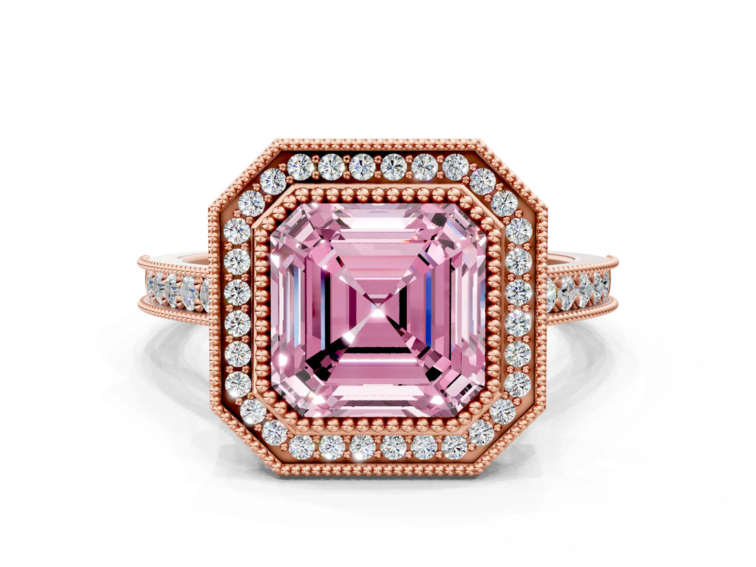 Rose gold Halo Fancy Pink Asscher -Cut Diamond Pave Band Milgrain Prong Setting Ring_85
