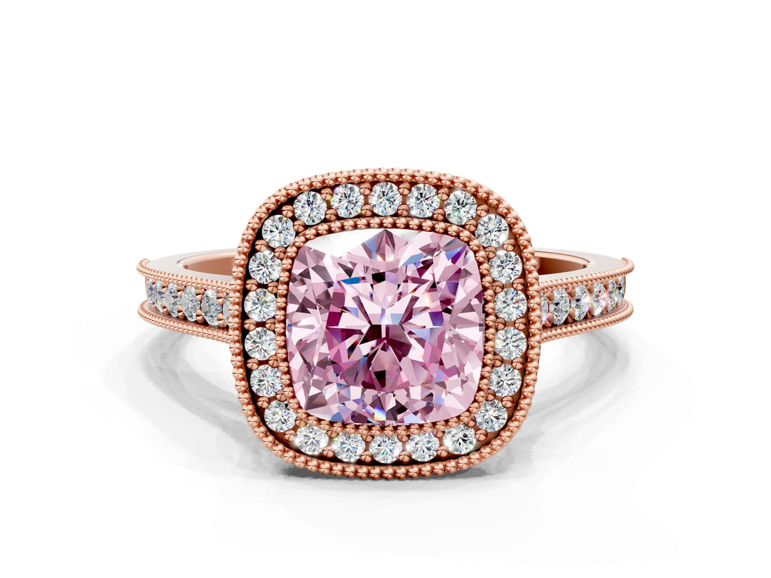 Rose gold Halo Fancy Pink Cushion -Cut Diamond Pave Band Milgrain Prong Setting Ring_56