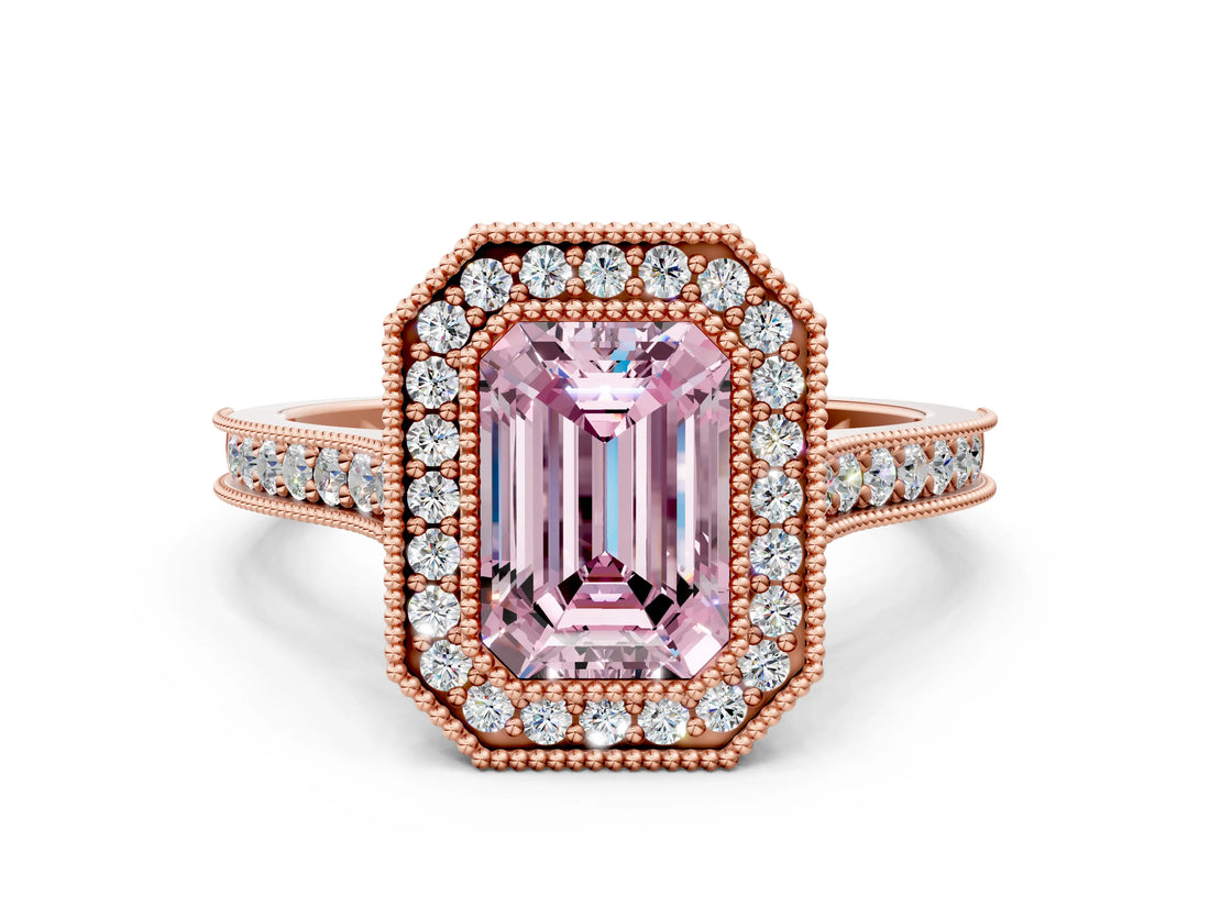 Rose gold Halo Fancy Pink Emerald -Cut Diamond Pave Band Milgrain Prong Setting Ring_74