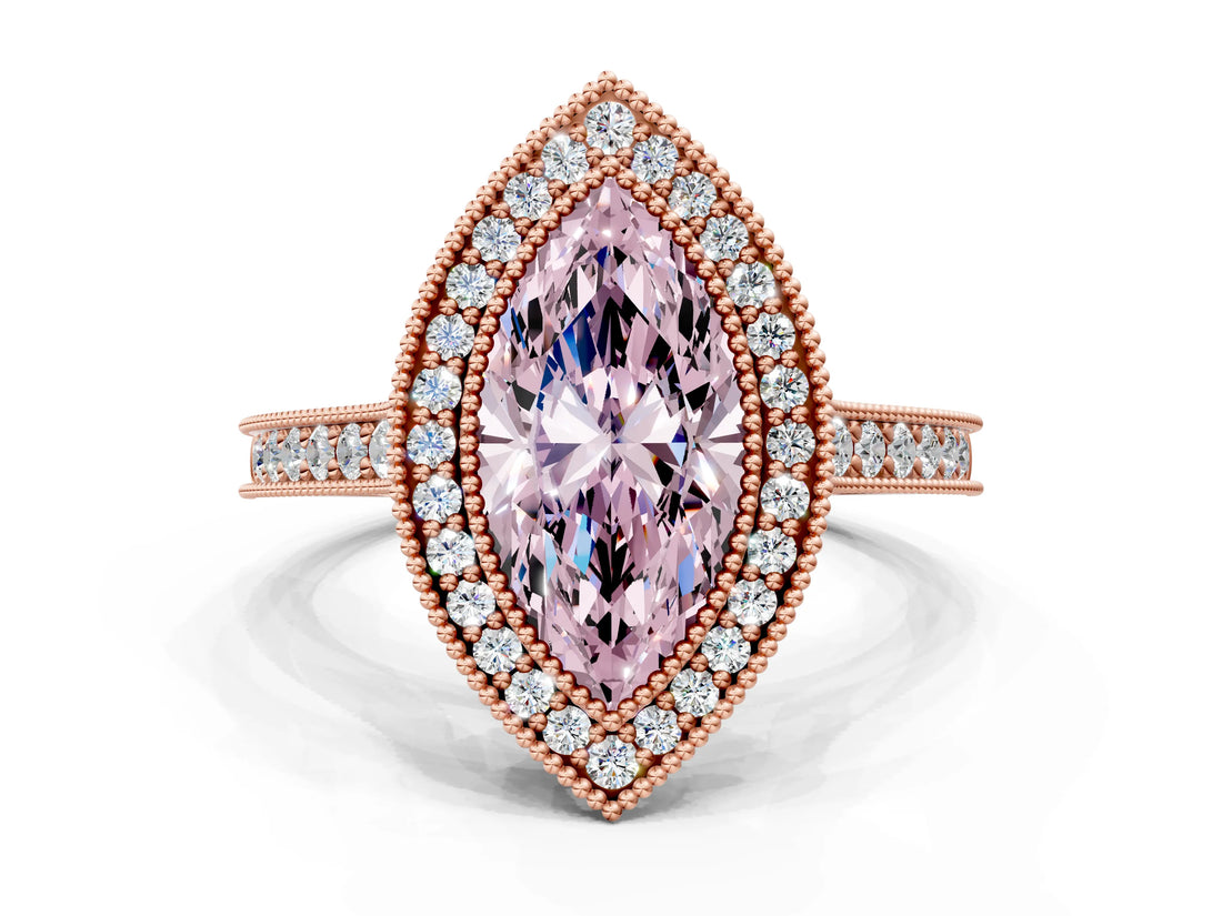 Rose gold Halo Fancy Pink Marquise -Cut Diamond Pave Band Milgrain Prong Setting Ring_54