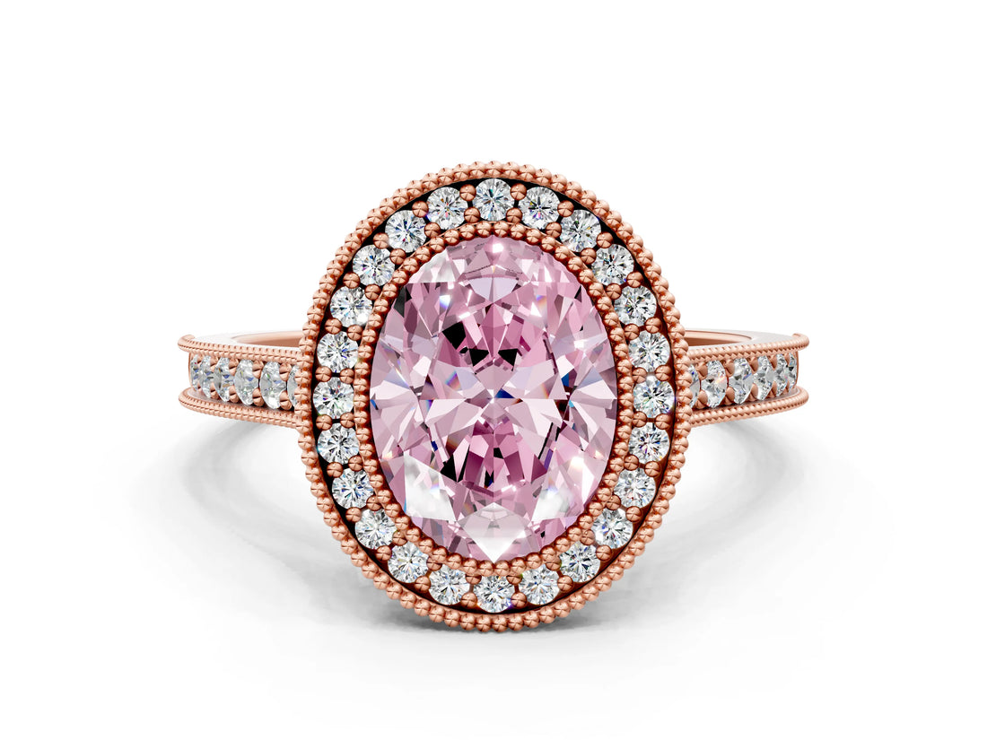 Rose gold Halo Fancy Pink Oval -Cut Diamond Pave Band Milgrain Prong Setting Ring_54