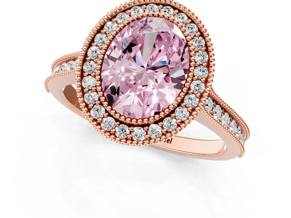 Rose gold Halo Fancy Pink Oval -Cut Diamond Pave Band Milgrain Prong Setting Ring