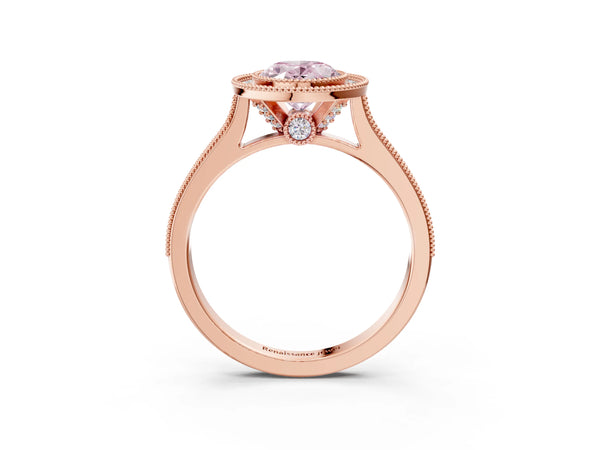 Rose gold Halo Fancy Pink Oval -Cut Diamond Pave Band Milgrain Prong Setting Ring