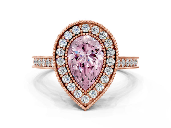 Rose gold Halo Fancy Pink Pear -Cut Diamond Pave Band Milgrain Prong Setting Ring