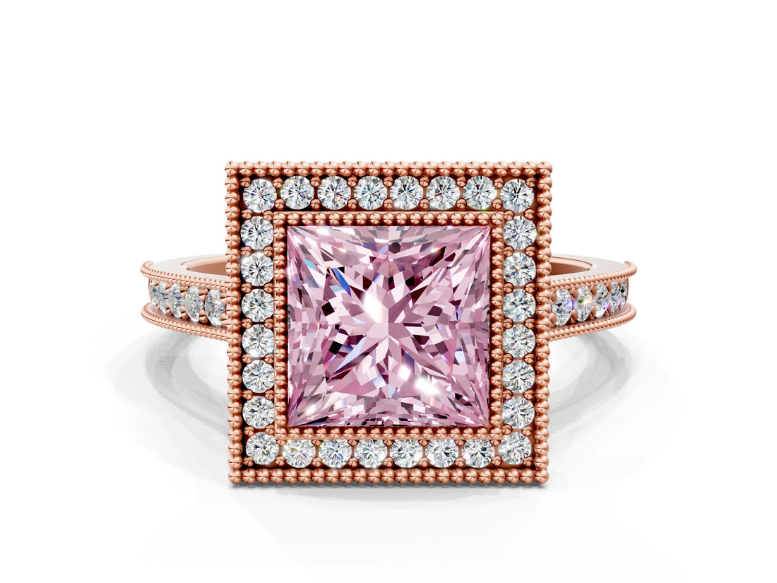 Rose gold Halo Fancy Pink Princess -Cut Diamond Pave Band Milgrain Prong Setting Ring_35