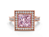 Rose gold Halo Fancy Pink Princess -Cut Diamond Pave Band Milgrain Prong Setting Ring_35