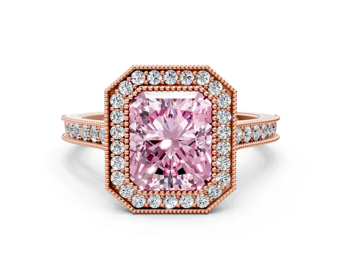 Rose gold Halo Fancy Pink Radiant -Cut Diamond Pave Band Milgrain Prong Setting Ring_55