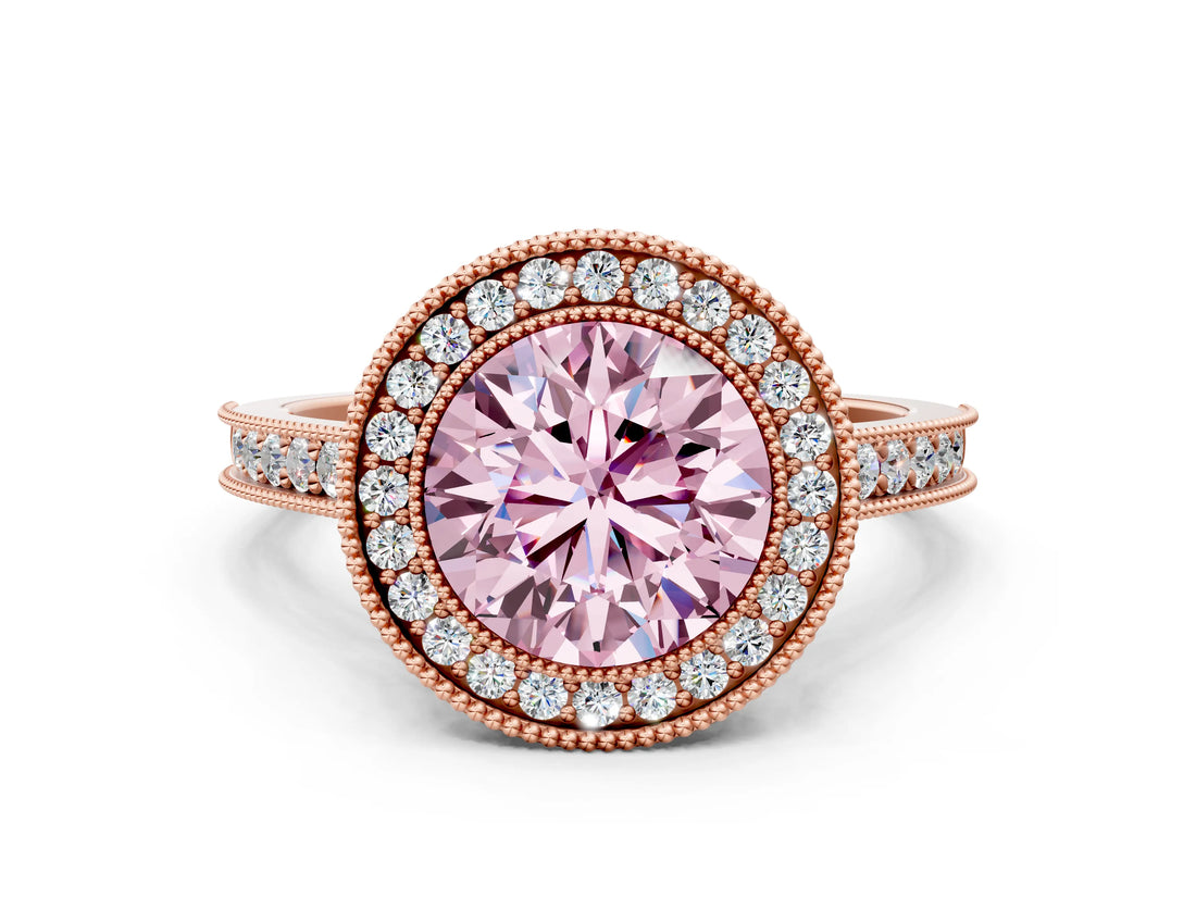 Rose gold Halo Fancy Pink Round -Cut Diamond Pave Band Milgrain Prong Setting Ring_30