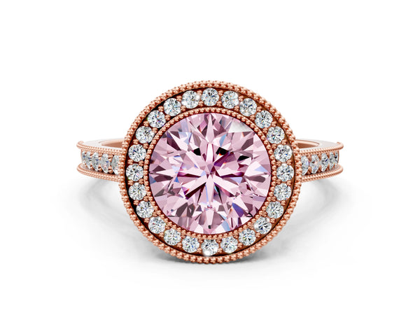 Rose gold Halo Fancy Pink Round -Cut Diamond Pave Band Milgrain Prong Setting Ring