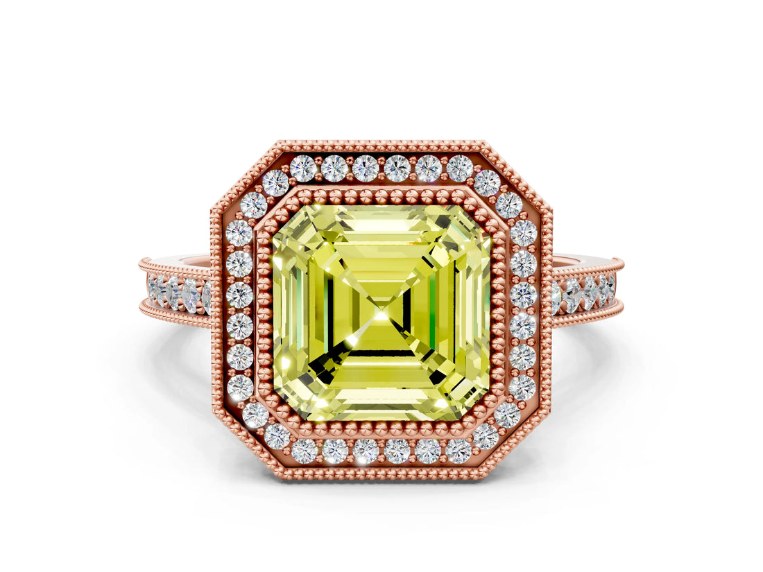 Rose gold Halo Fancy Yellow Asscher -Cut Diamond Pave Band Milgrain Prong Setting Ring_35