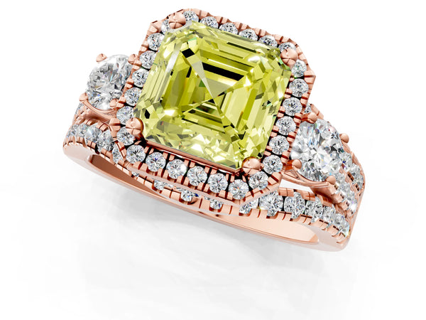 Rose gold Halo Fancy Yellow Asscher Cut Cut Split Shank Diamond Ring with Four-Prong Setting