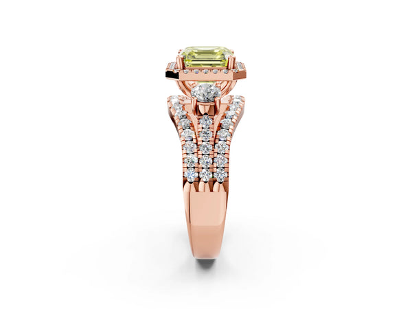 Rose gold Halo Fancy Yellow Asscher Cut Cut Split Shank Diamond Ring with Four-Prong Setting