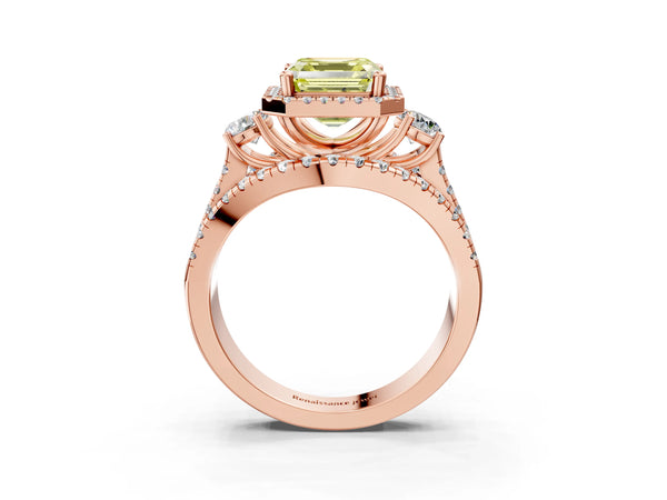Rose gold Halo Fancy Yellow Asscher Cut Cut Split Shank Diamond Ring with Four-Prong Setting
