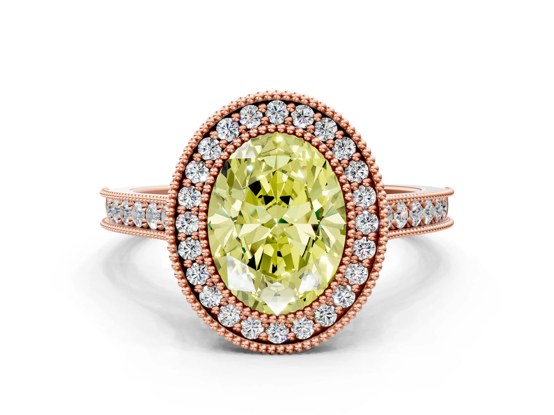 Rose gold Halo Fancy Yellow Oval -Cut Diamond Pave Band Milgrain Prong Setting Ring_55