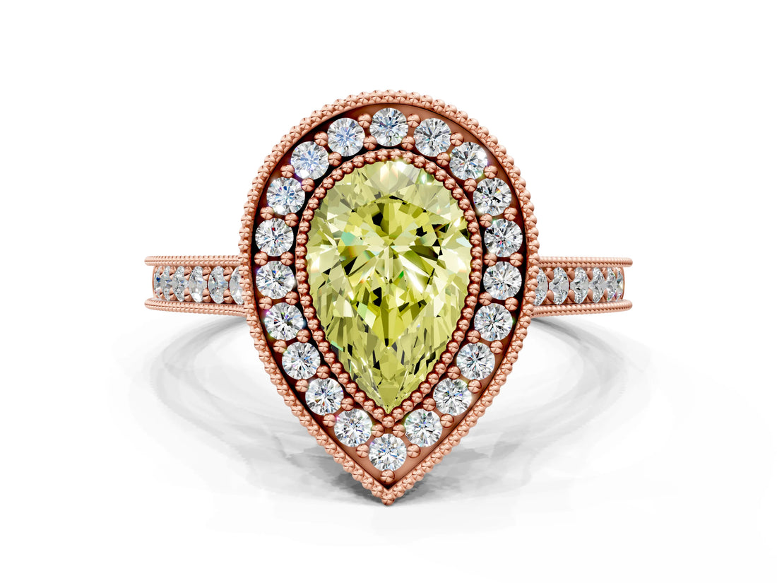 Rose gold Halo Fancy Yellow Pear -Cut Diamond Pave Band Milgrain Prong Setting Ring_55