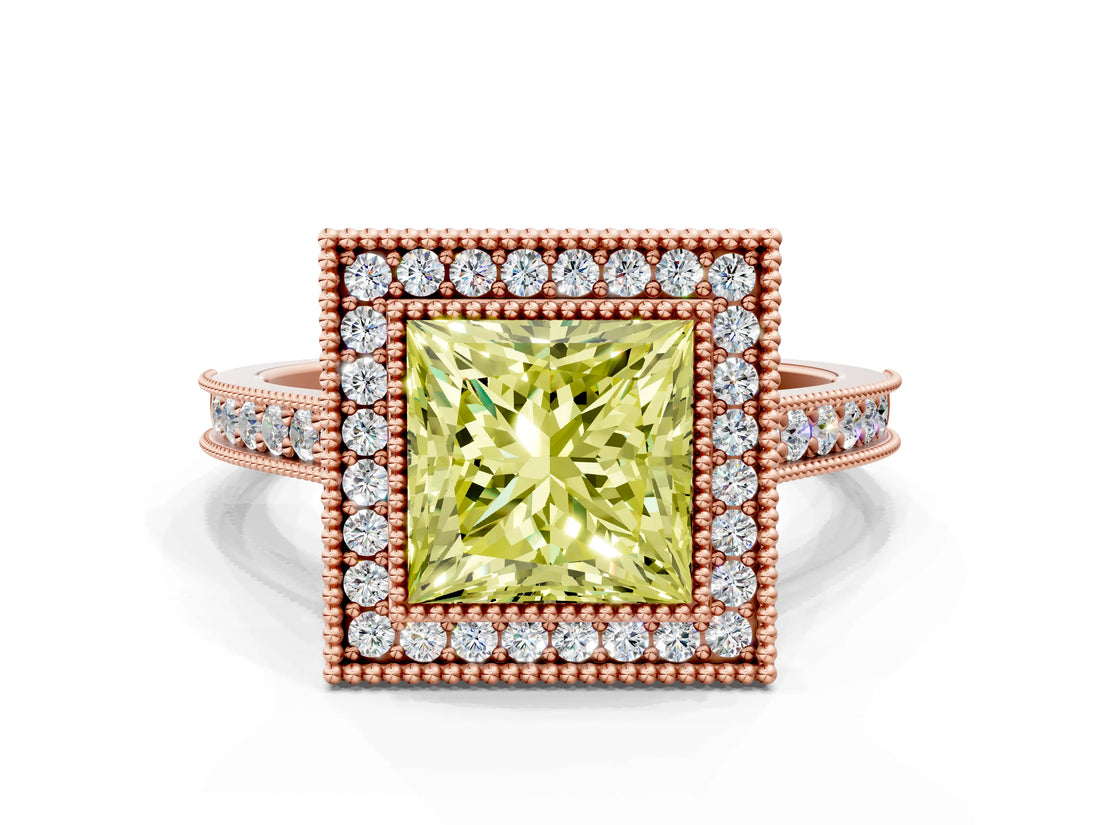 Rose gold Halo Fancy Yellow Princess -Cut Diamond Pave Band Milgrain Prong Setting Ring_34