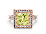 Rose gold Halo Fancy Yellow Princess -Cut Diamond Pave Band Milgrain Prong Setting Ring_34