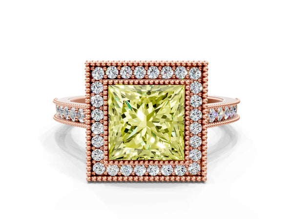 Rose Gold Princess Cut Milgrain Halo Bezel Engagement Ring Setting for Fancy Yellow Center