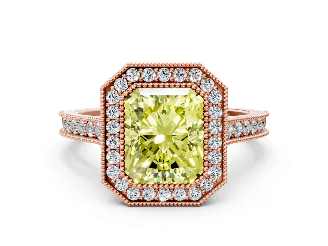 Rose gold Halo Fancy Yellow Radiant -Cut Diamond Pave Band Milgrain Prong Setting Ring_55
