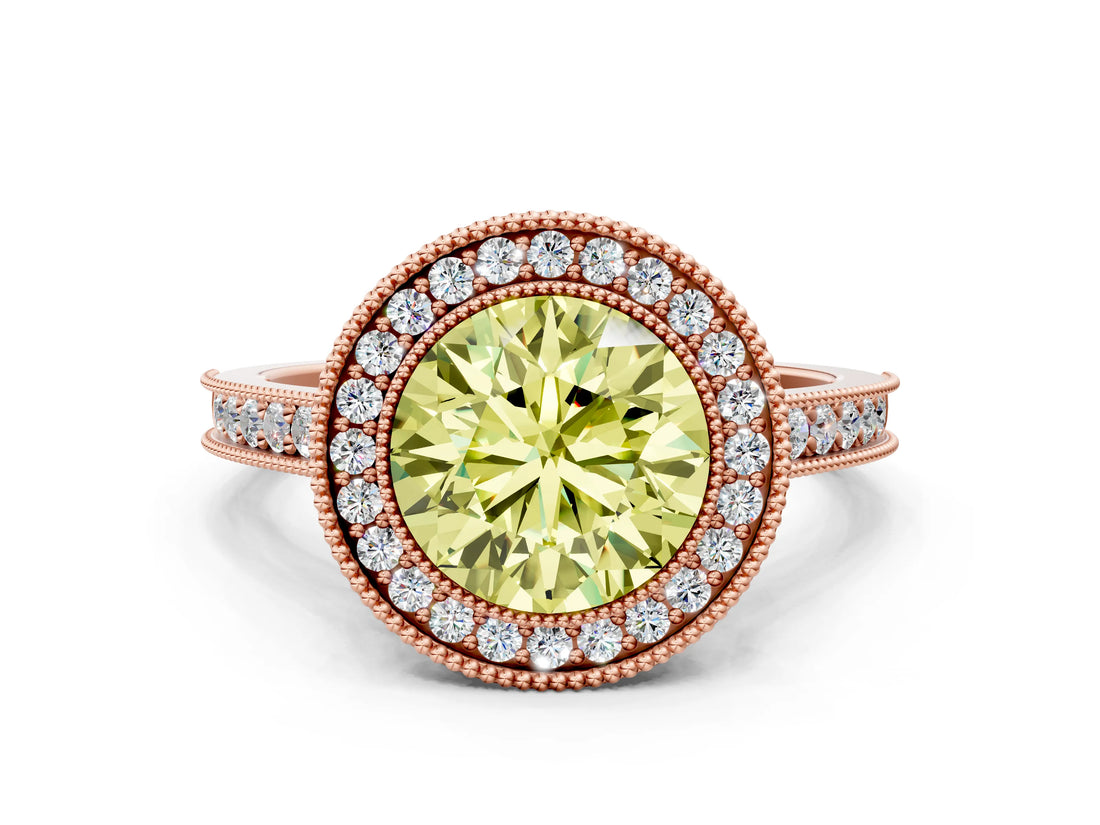 Rose gold Halo Fancy Yellow Round -Cut Diamond Pave Band Milgrain Prong Setting Ring_34