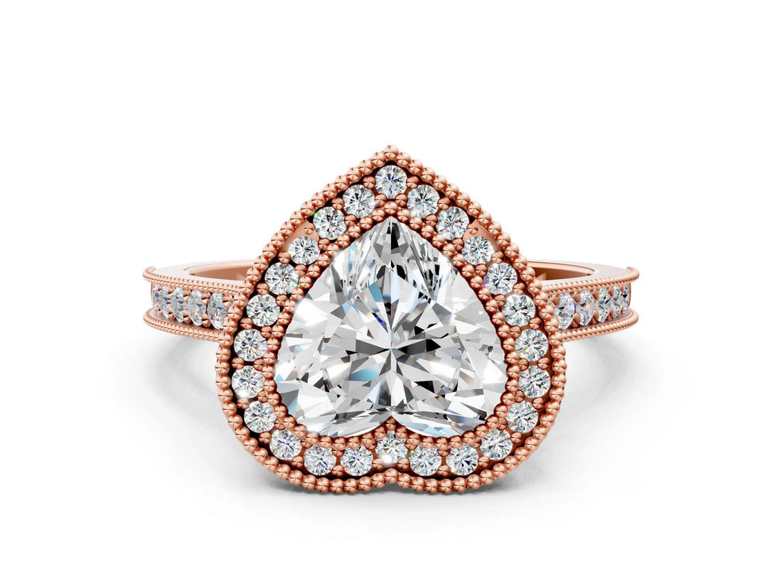 Rose gold Halo Heart-Cut Diamond Pave Band Milgrain Prong Setting Ring_49