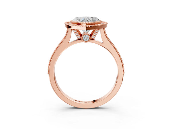 Rose Gold Heart-Shaped Vintage Milgrain Halo Engagement Ring Setting with Bezel Head
