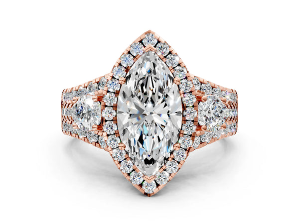 Rose gold Halo Marquise Cut Cut Split Shank Diamond Ring with Four-Prong Setting