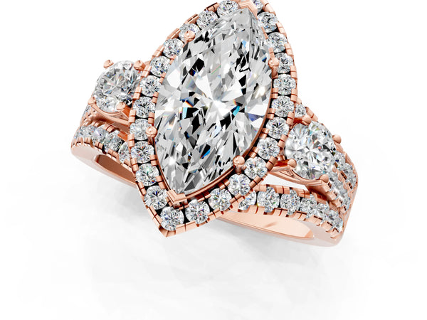 Rose gold Halo Marquise Cut Cut Split Shank Diamond Ring with Four-Prong Setting