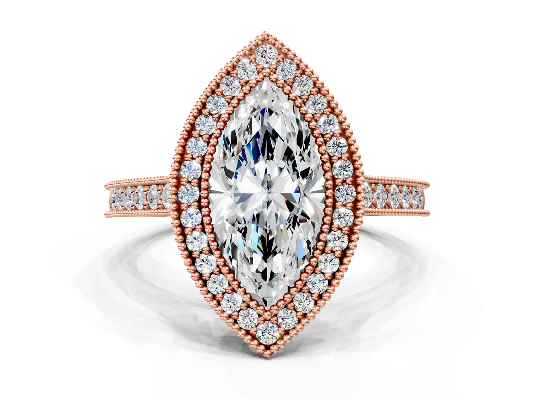 Rose gold Halo Marquise-Cut Diamond Pave Band Milgrain Prong Setting Ring_48