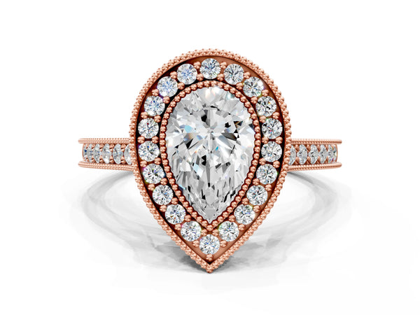 Rose gold Halo Pear-Cut Diamond Pave Band Milgrain Prong Setting Ring