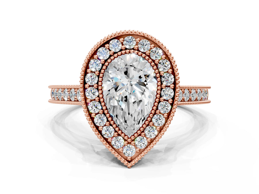 Rose gold Halo Pear-Cut Diamond Pave Band Milgrain Prong Setting Ring