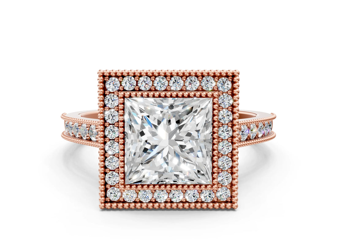 Rose gold Halo Princess-Cut Diamond Pave Band Milgrain Prong Setting Ring_49