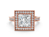 Rose gold Halo Princess-Cut Diamond Pave Band Milgrain Prong Setting Ring_49