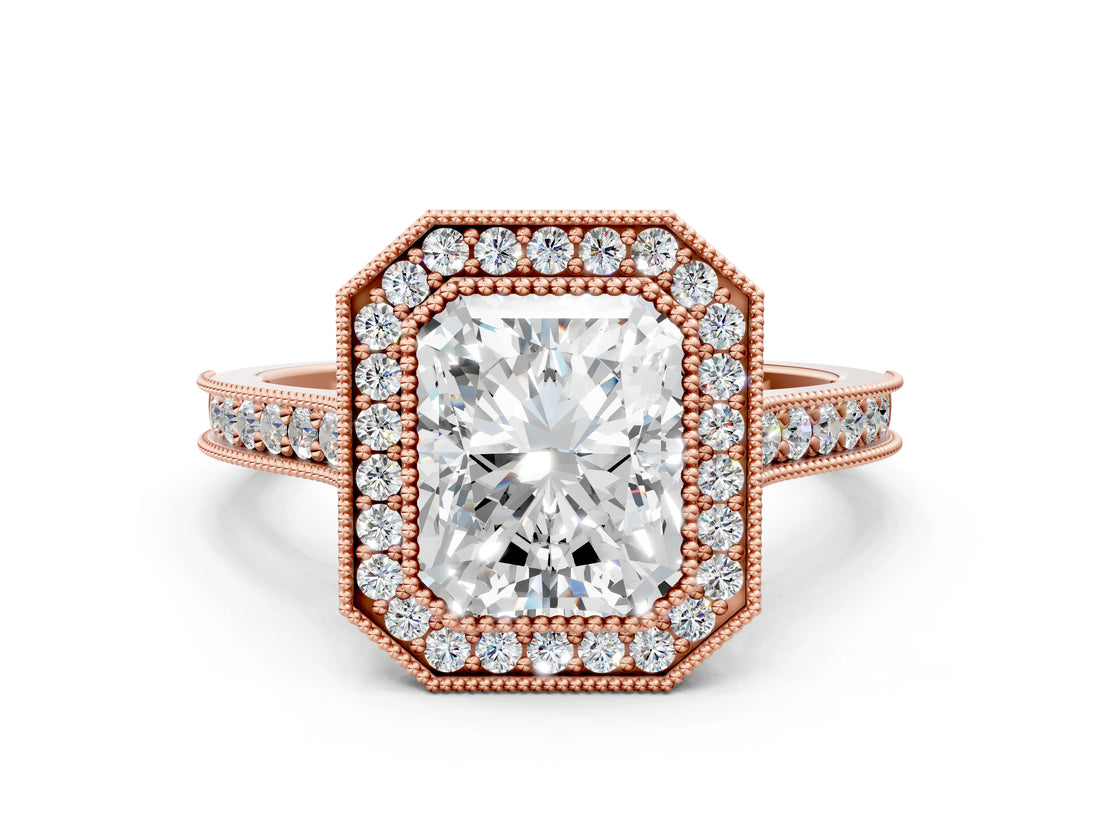 Rose gold Halo Radiant-Cut Diamond Pave Band Milgrain Prong Setting Ring_49