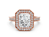 Rose gold Halo Radiant-Cut Diamond Pave Band Milgrain Prong Setting Ring_49