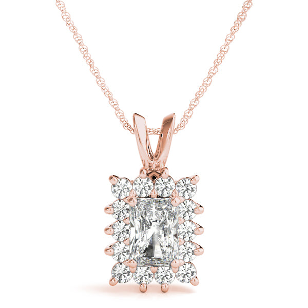 Rose gold Halo Radiant Cut Diamond Pendant with Prong Setting