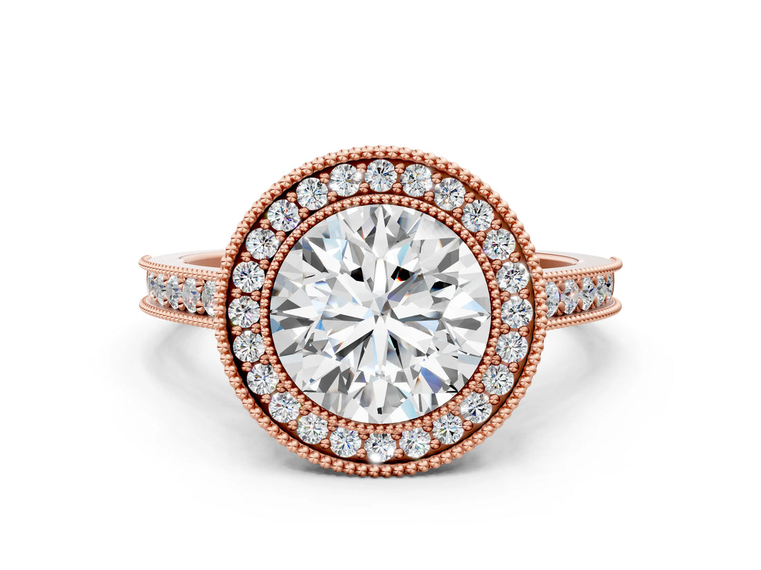 Rose gold Halo Round-Cut Diamond Pave Band Milgrain Prong Setting Ring_52