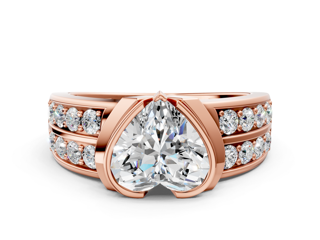 Rose gold Heart Brilliant Diamond Channel Set Wide Band Ring with Bezel Setting_20