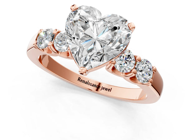 Rose gold Heart Brilliant Diamond Five-Stone Engagement Ring with Prong Setting on a Classic Band