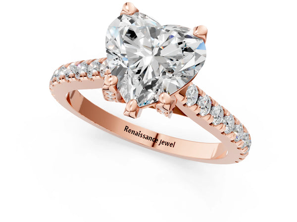 Rose gold Heart Brilliant Diamond Solitaire with Pavé Band and Four-Prong Setting