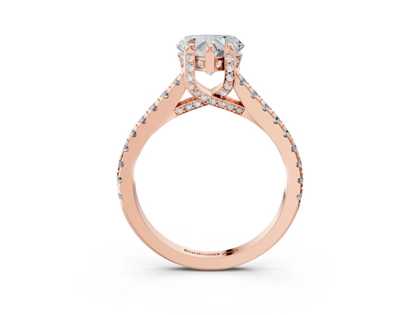 Rose gold Heart Brilliant Diamond Solitaire with Pavé Band and Four-Prong Setting