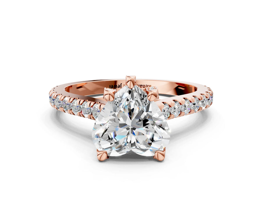 Rose gold Heart Brilliant Diamond Solitaire with Pavé Band and Four-Prong Setting