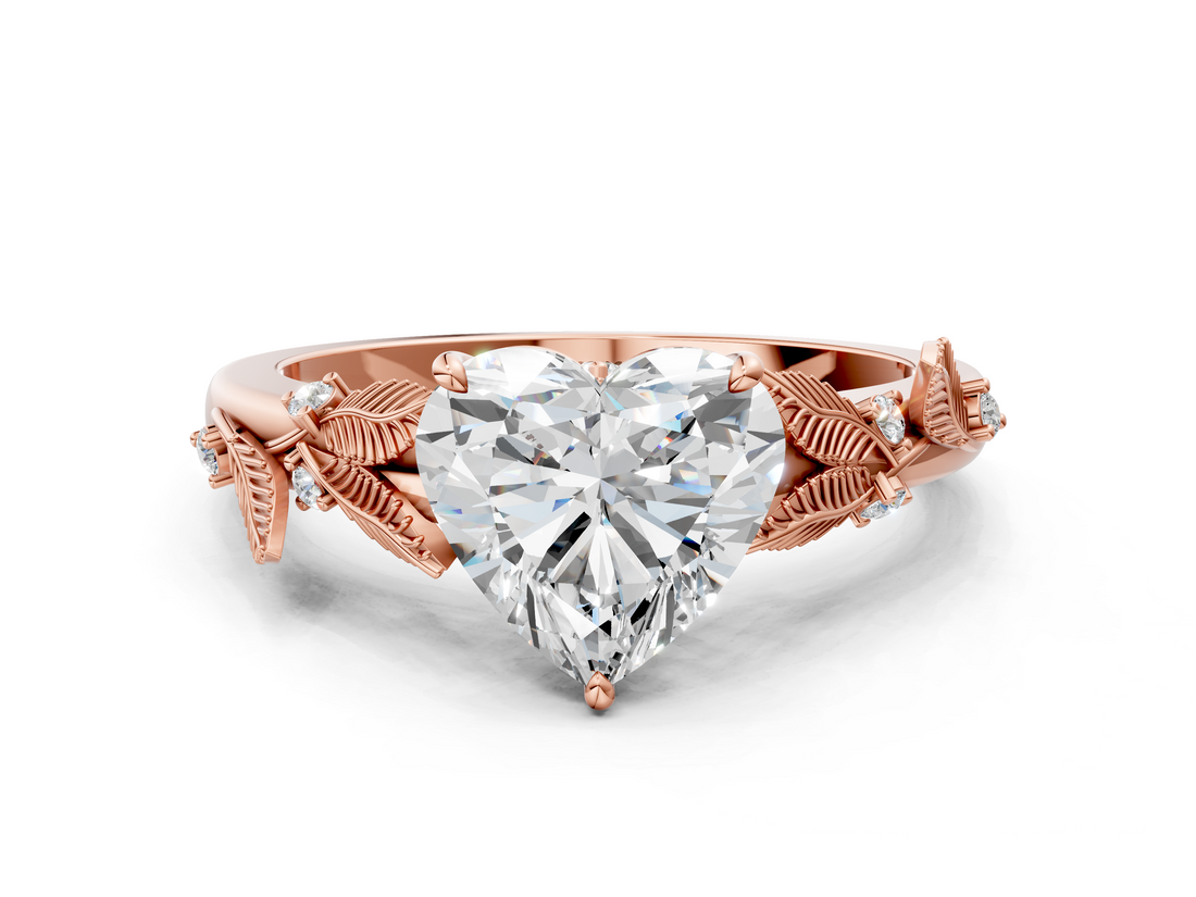 Rose gold Heart Brilliant Solitaire with Leaf Motif Band and Four-Prong Setting_77