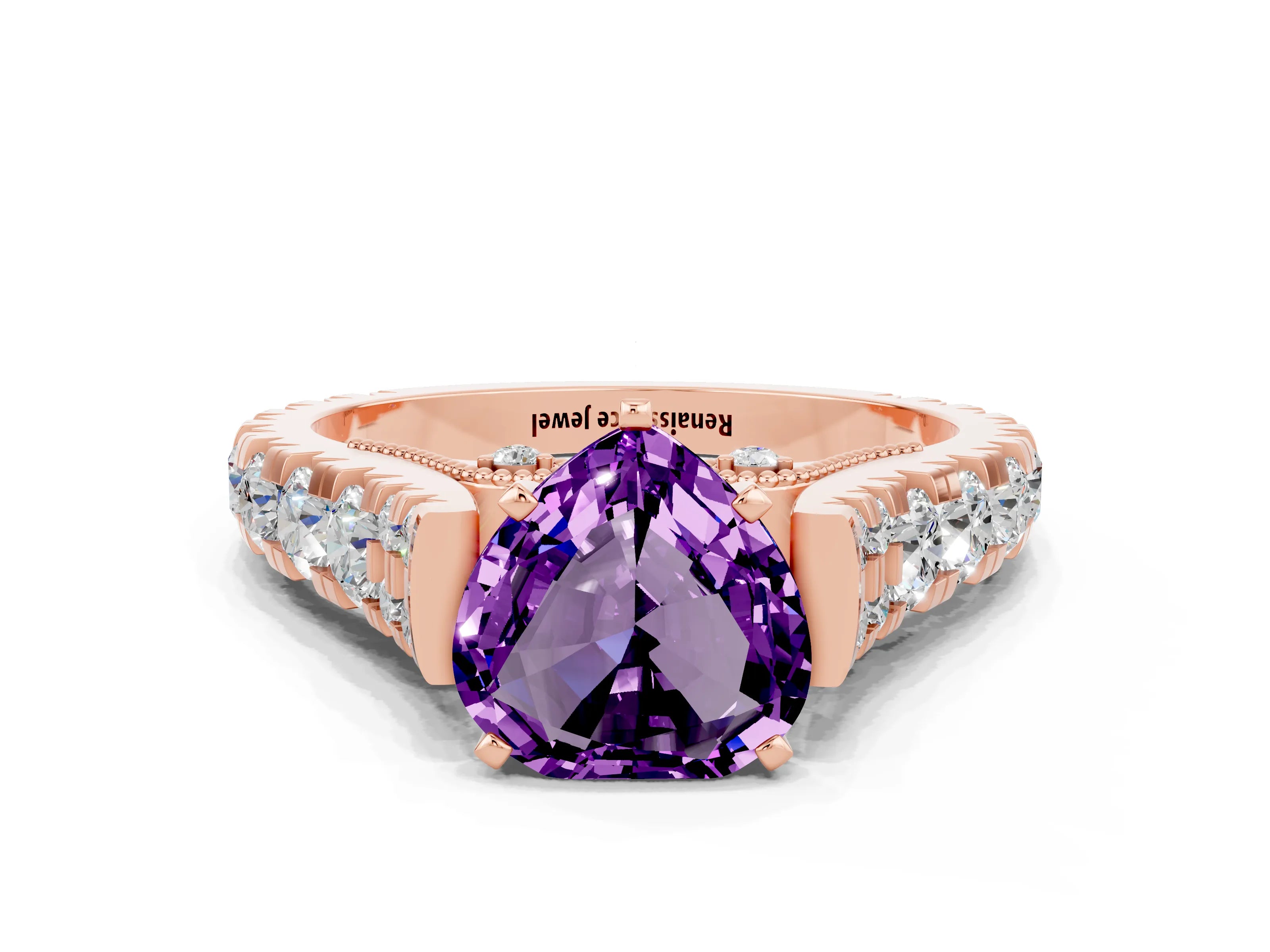 Rose gold Heart Cut Amethyst Classic Solitaire Ring with Pavé Band and Four-Prong Setting